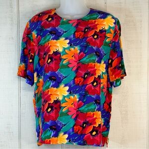 Vintage Silk Blouse Womens Size M Floral‎ Short Sleeve Keyhole Neck Artsy 90s